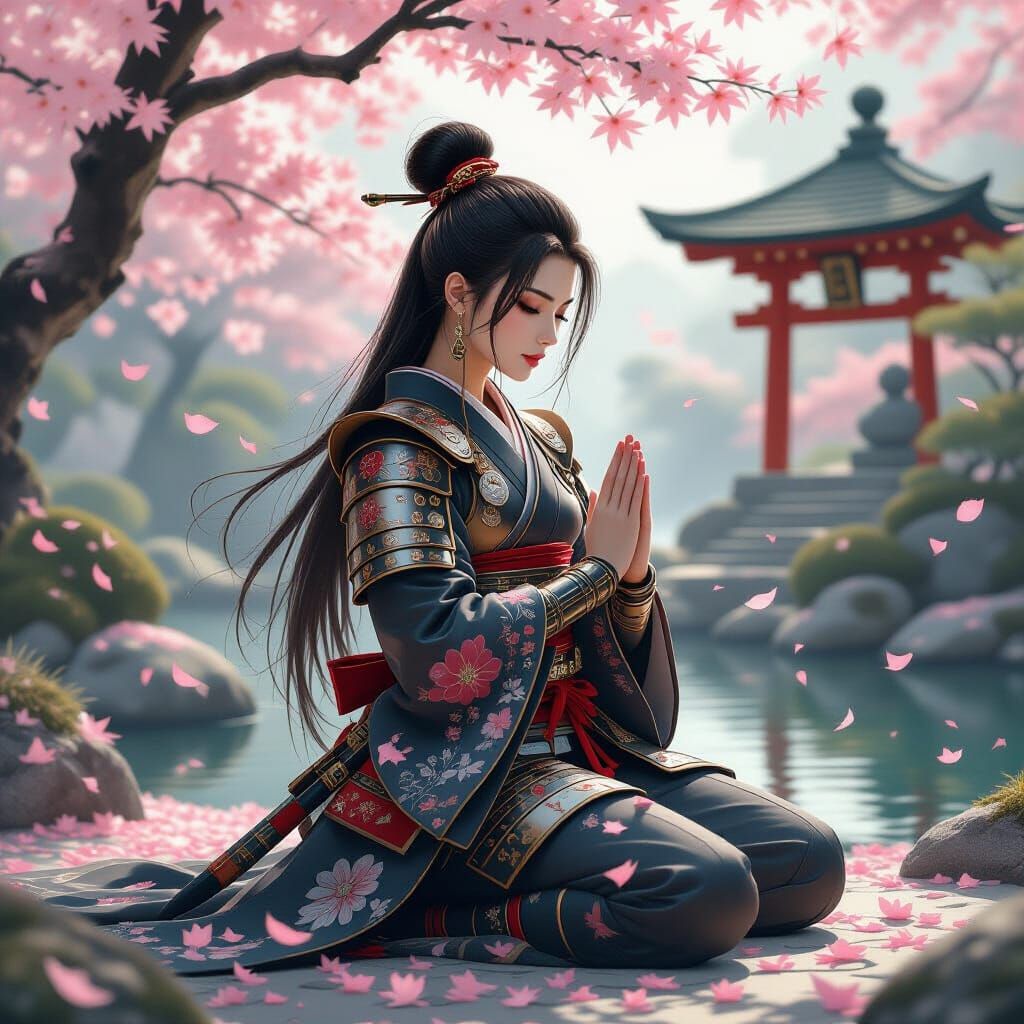 Samurai Woman Meditating in Zen Garden