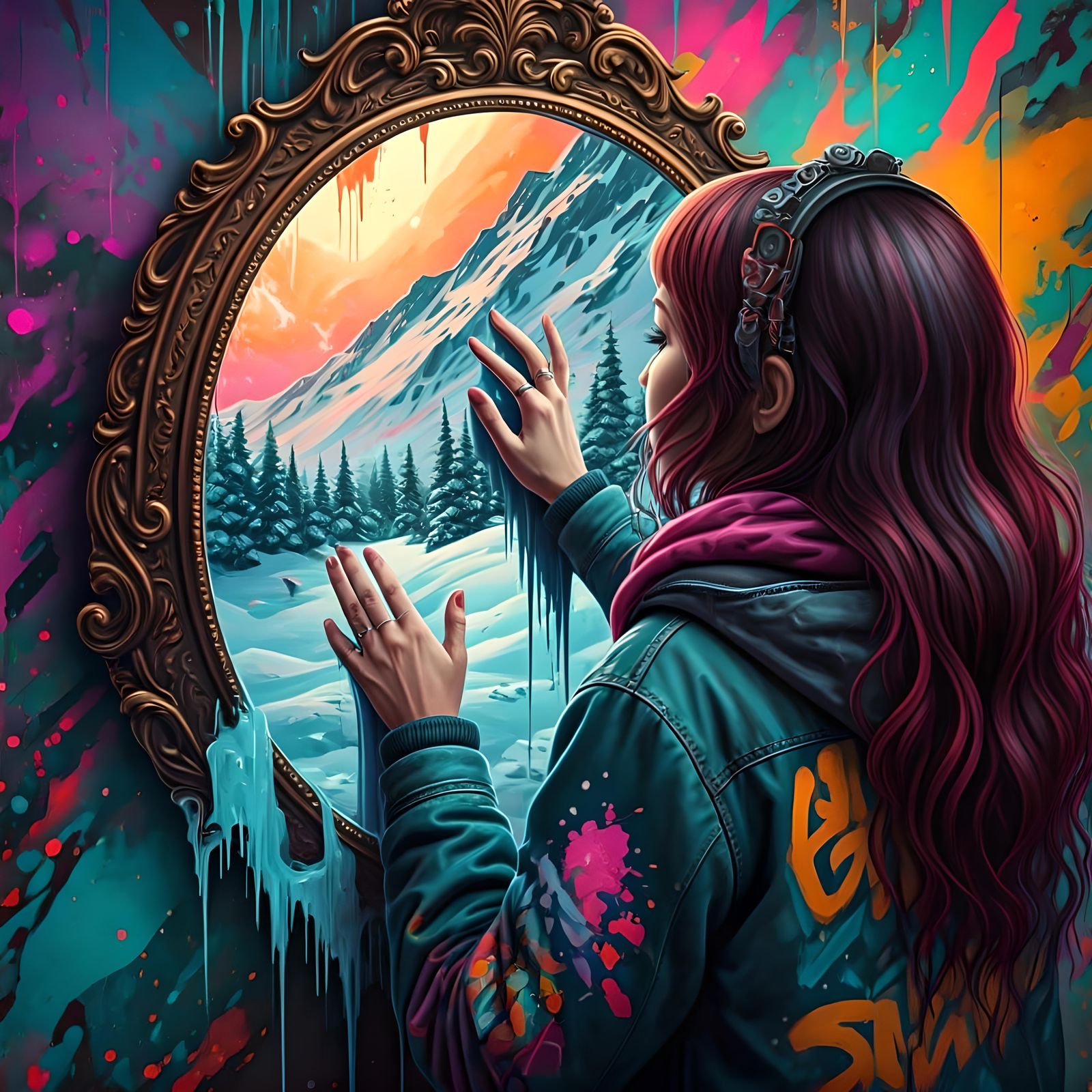 Woman Reaching into Snowy Mirror World in Graffiti Art