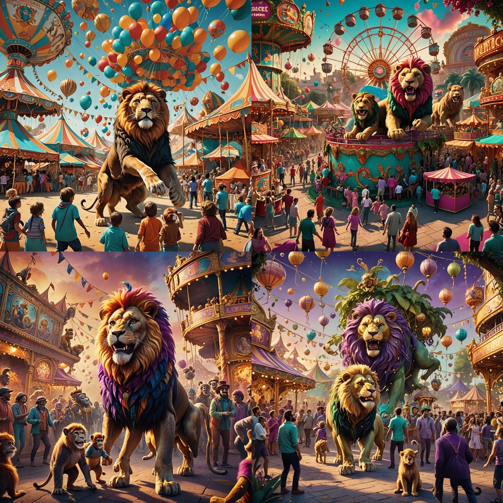 Whimsical Carnival Scene with Lion and Monkey