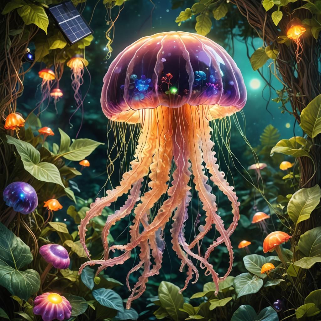 Glowing Jellyfish Plush Toy in Solarpunk Setting