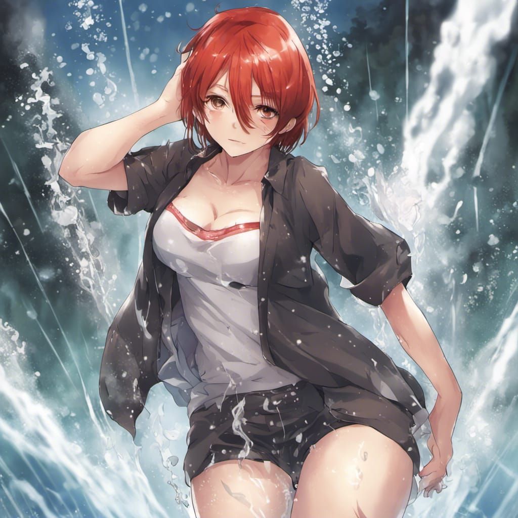 Anime Girl in Shower with Red Hair