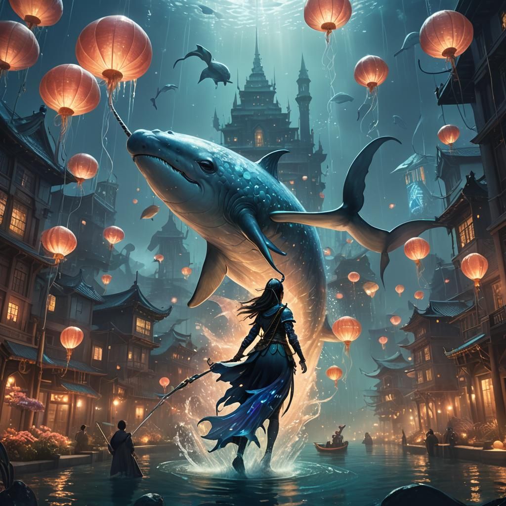 Oni Rides Narwhal Through Mystical Underwater City