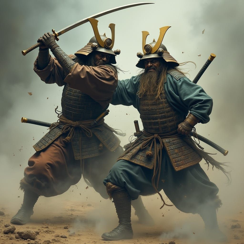 Samurai Battle in Mystical Fog, Fantasy Art