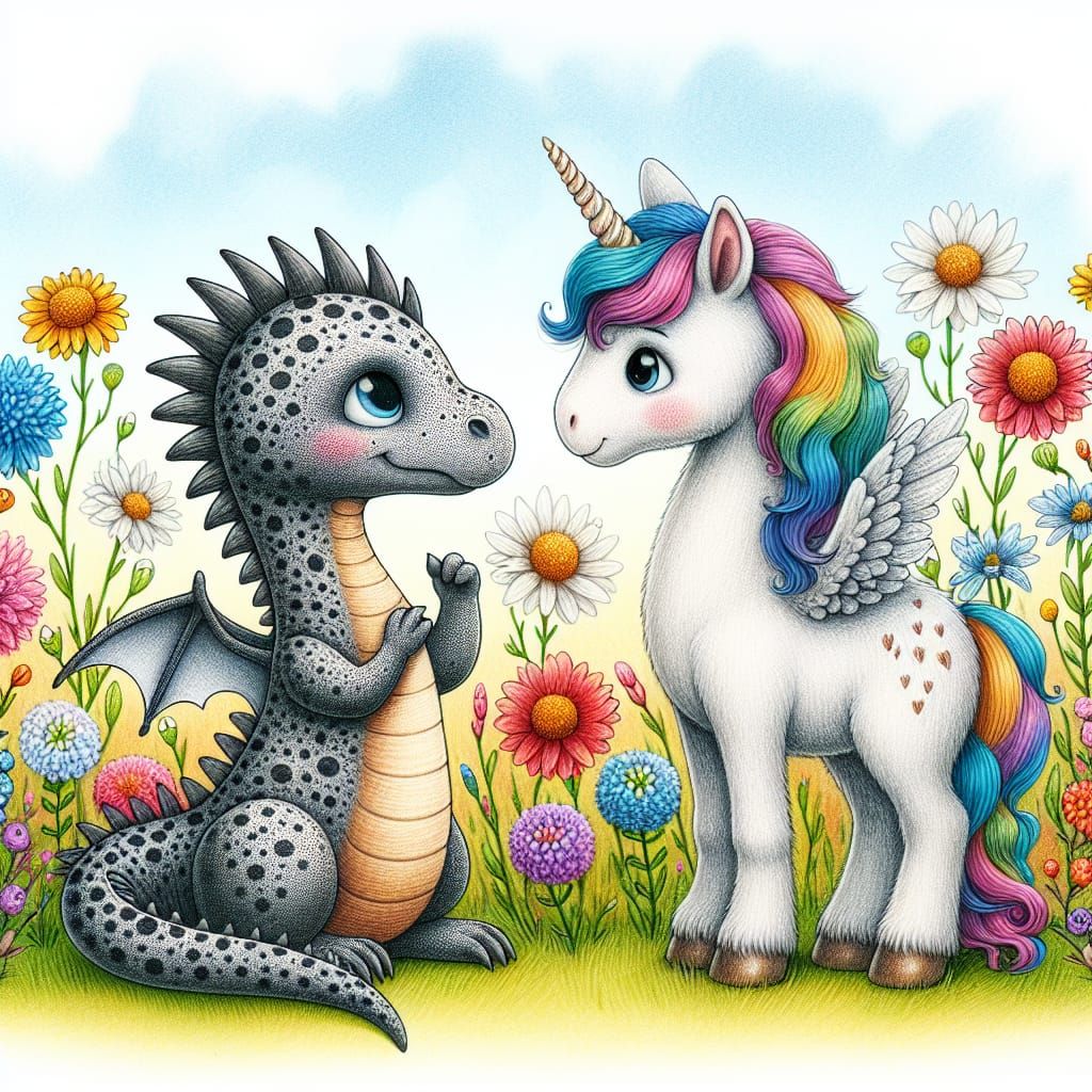 Affectionate Dragon and Pegasus in Whimsical Meadow