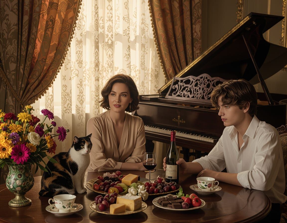 Ethereal Lounge Scene with Woman, Cat, and Wine