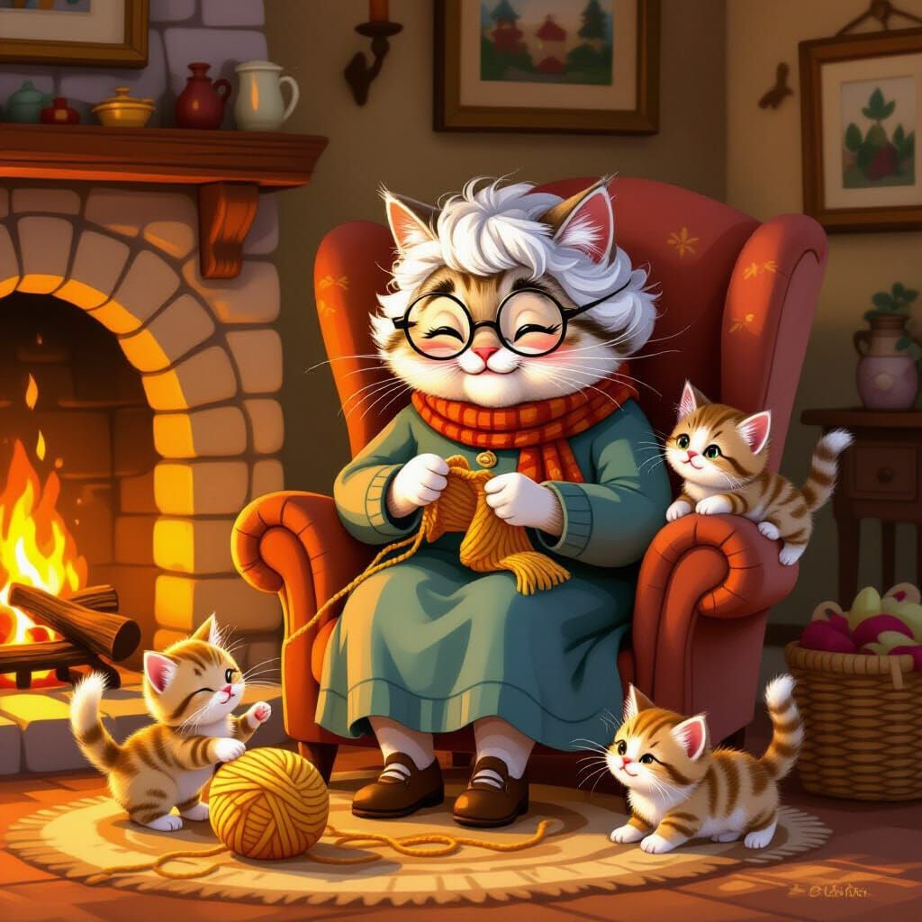 Cozy Cat Granny Knitting by Fireplace with Kittens