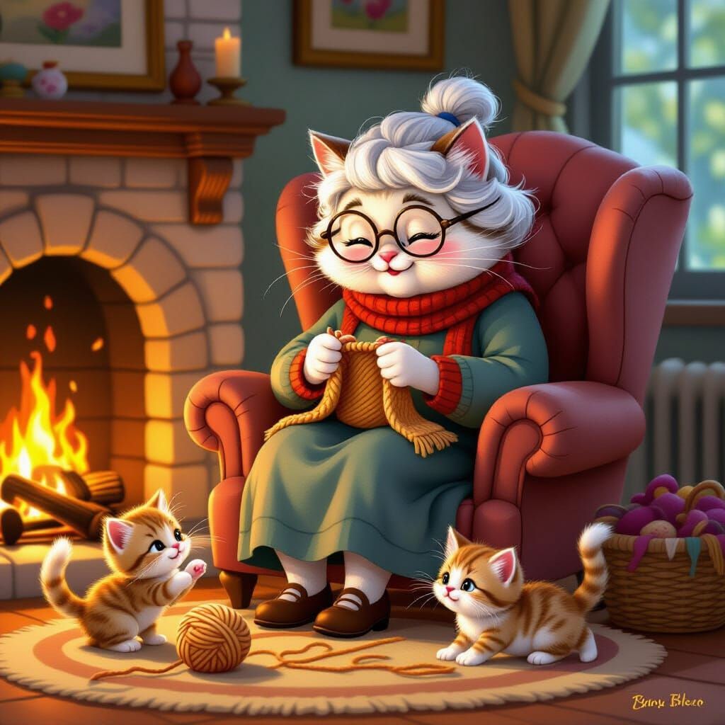 Storybook Cat Granny Knitting by Fireplace with Kittens