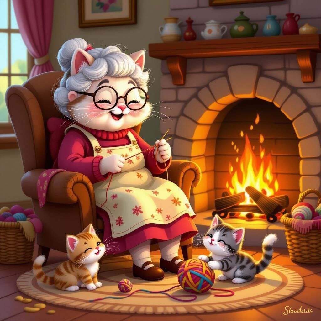 Cozy Cat Granny Knitting by Fireplace with Kittens