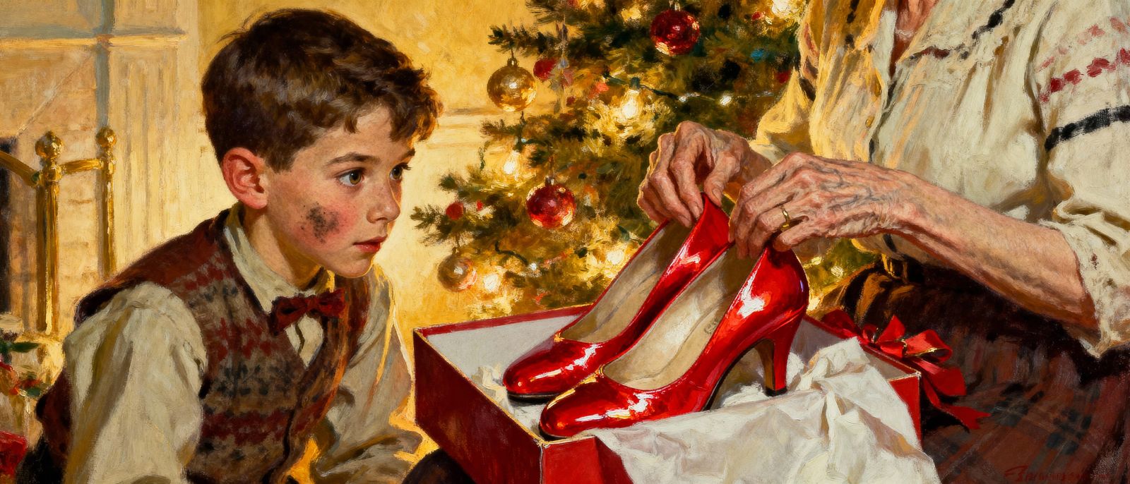 Boy Sees Red Christmas Shoes for Mother