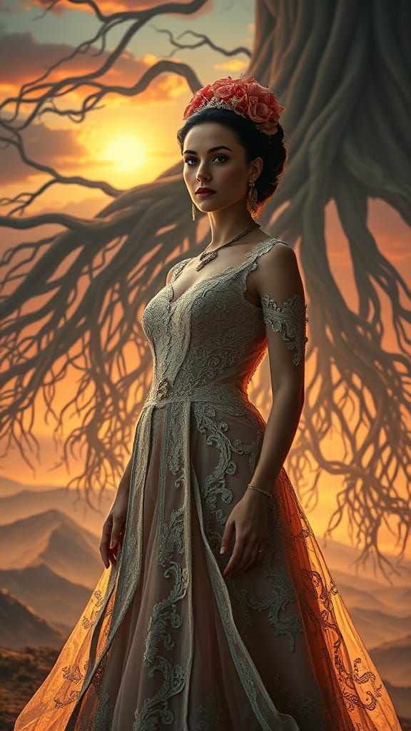 Majestic Woman Embodies Resilient Femininity in Surreal Tape...