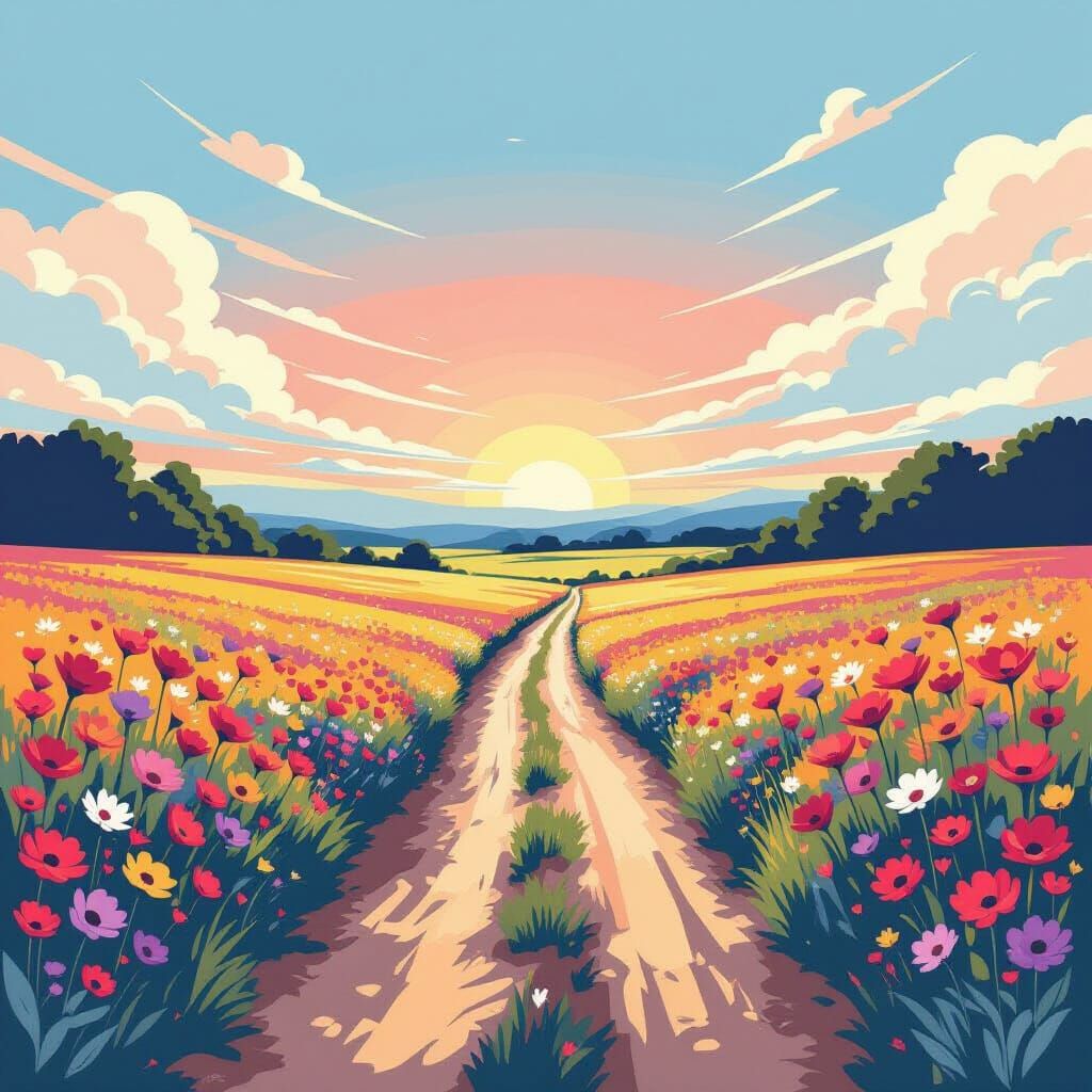 Colorful Flower Field in Japanese Anime Style