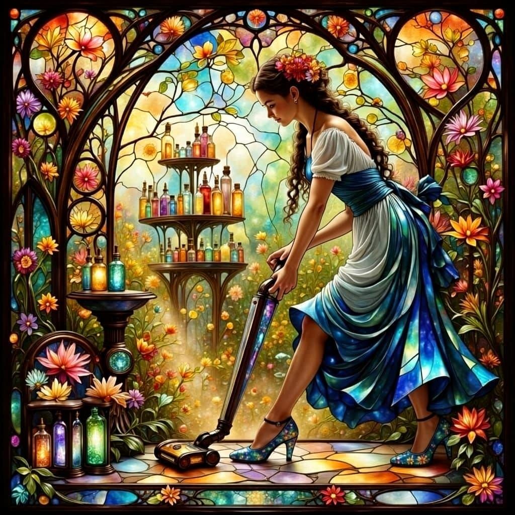 Ethereal Stained Glass Woman Cleans Home with Crystal Vacuum
