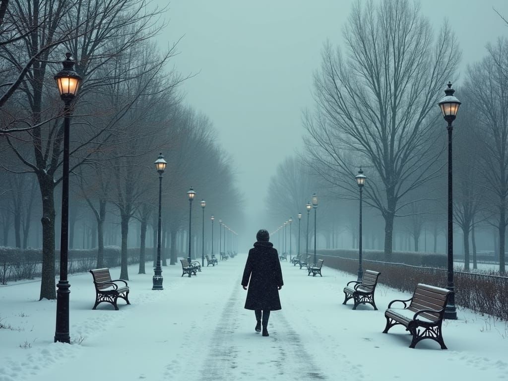 Lonely Figure Walks Through Snowy Urban Park in Muted Blues ...