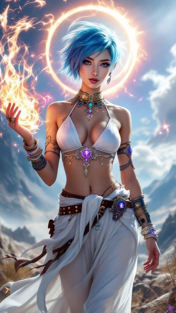 Ethereal Wizardess in a Dreamy, Neon Blue-Haired Radiance