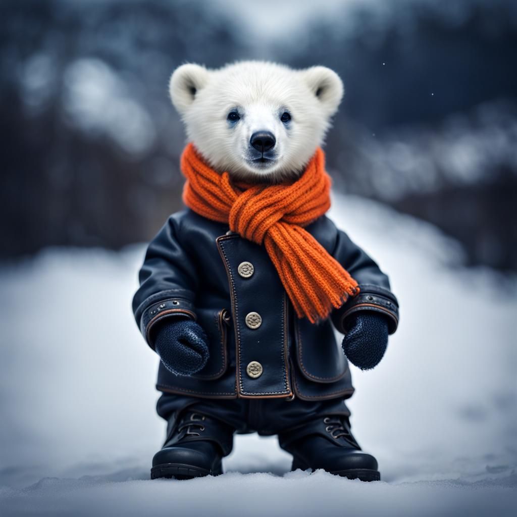 Adorable Polar Bear Cub in Winter Outfit