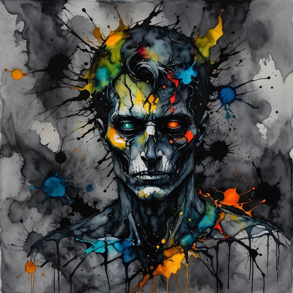 Shadow Man in Despair: Alcohol Ink and Watercolor Art
