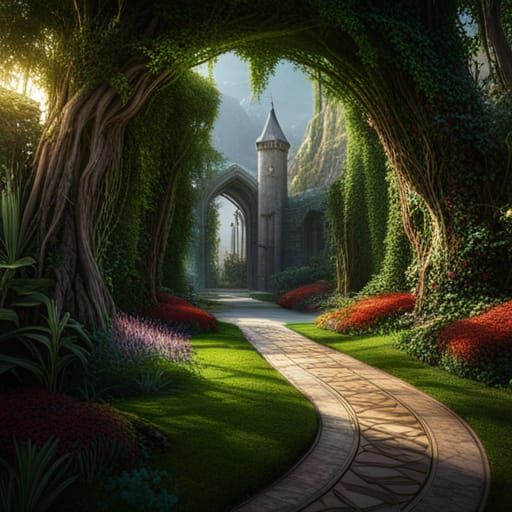Fantastical Garden in Castle: Detailed Matte Painting