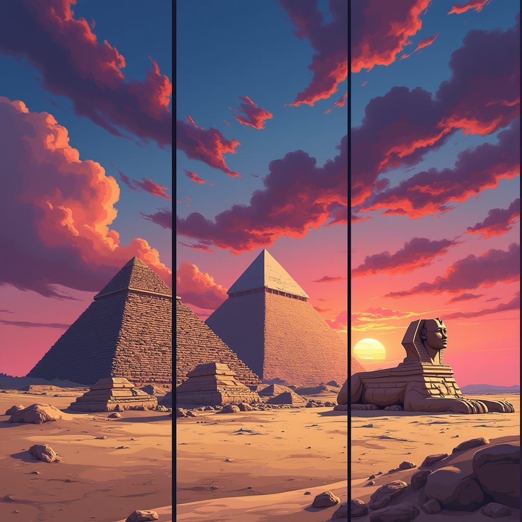 Manga Style Triptych: Egyptian Pyramids and Sphinx