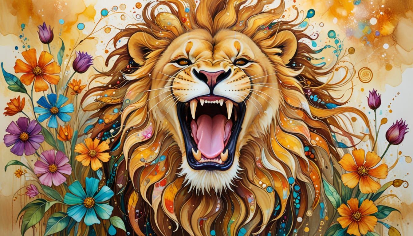 Joyful Lion with Duck, Flowing Alcohol Ink Painting