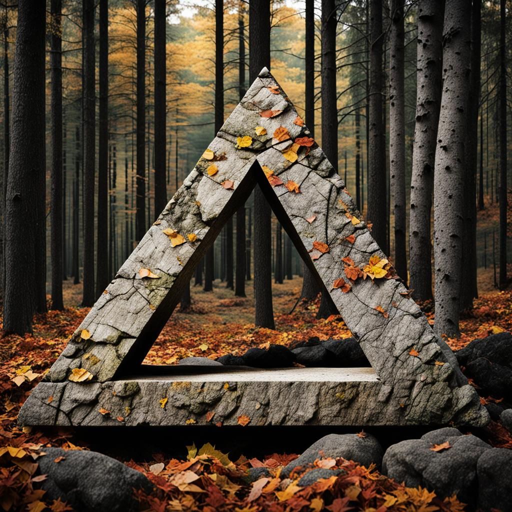 Impossible Stone Escher Triangle in Autumn Forest