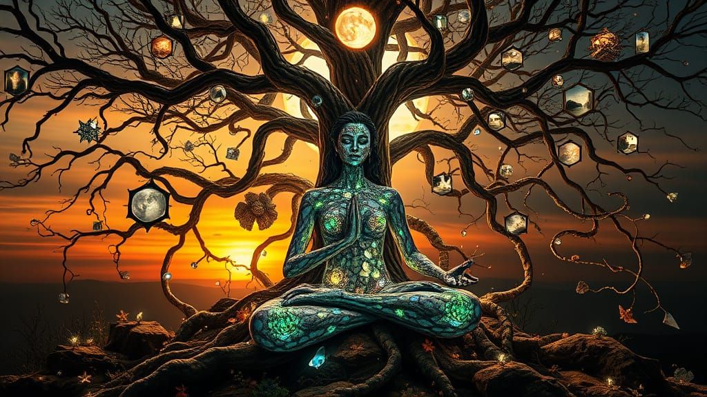 Surrealist Sculpture of Woman-Tree Hybrid in Eerie, Ethereal...