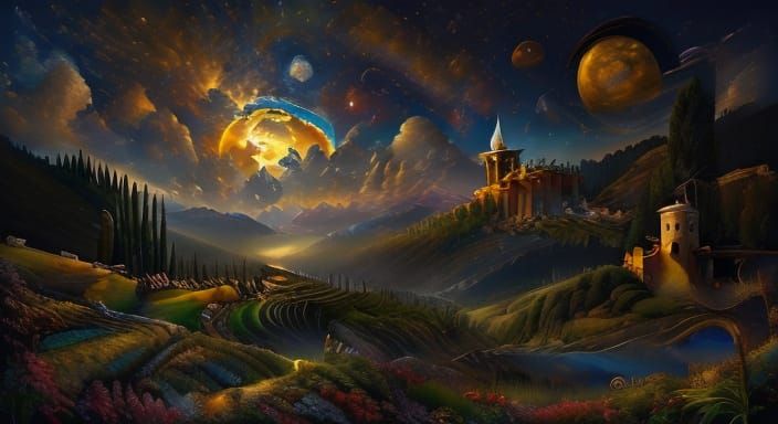 Chiaroscuro Tuscan Landscape in Romantic Moonlight Style