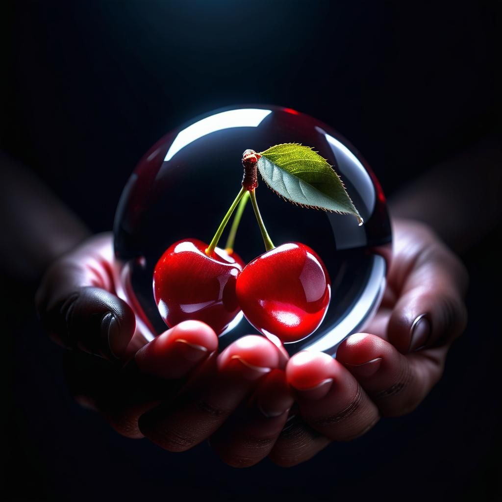 Cherries in Glass Sphere: Surreal Photorealism