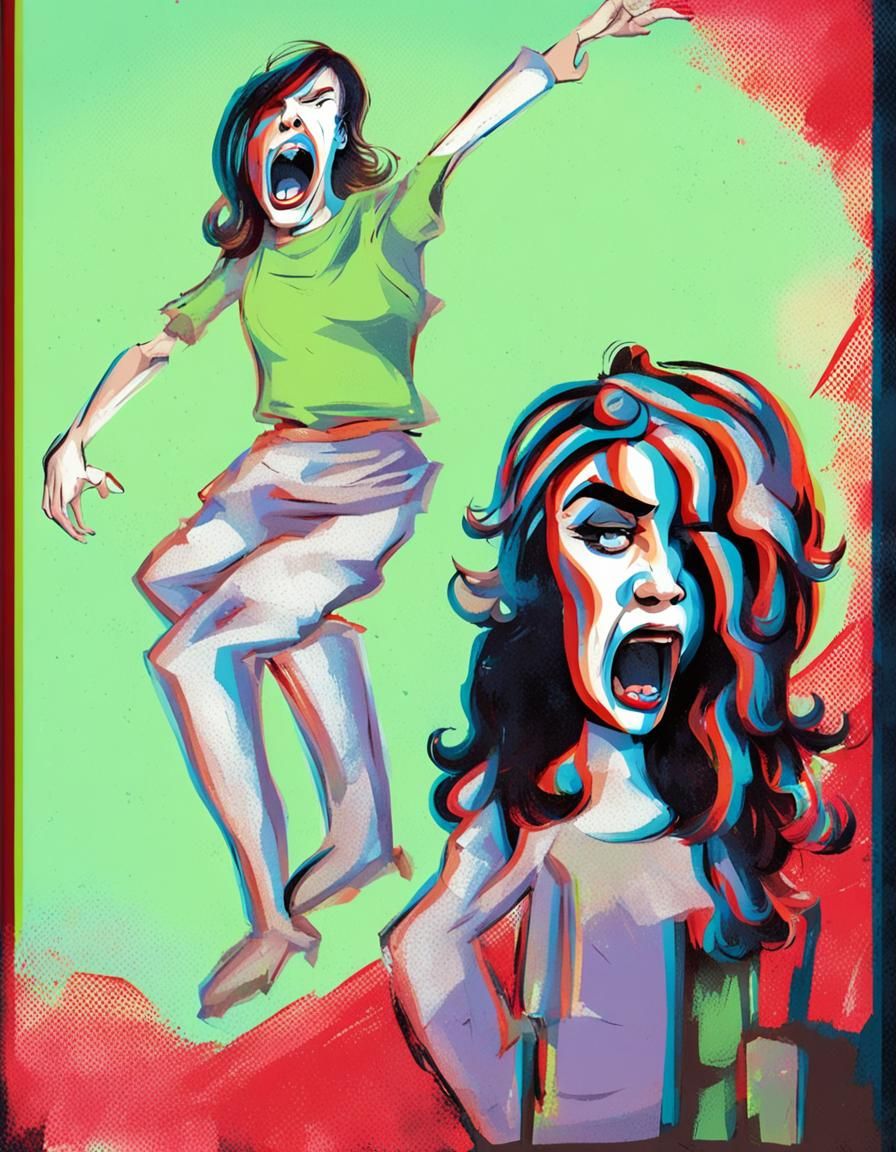 Two Angry Women Screaming in Cartoon Comic Style