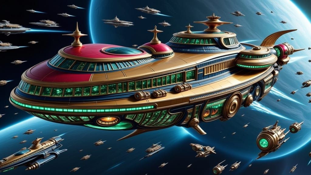 Cosmic Steampunk Starship Dominates the Skies in a Cyberpunk...