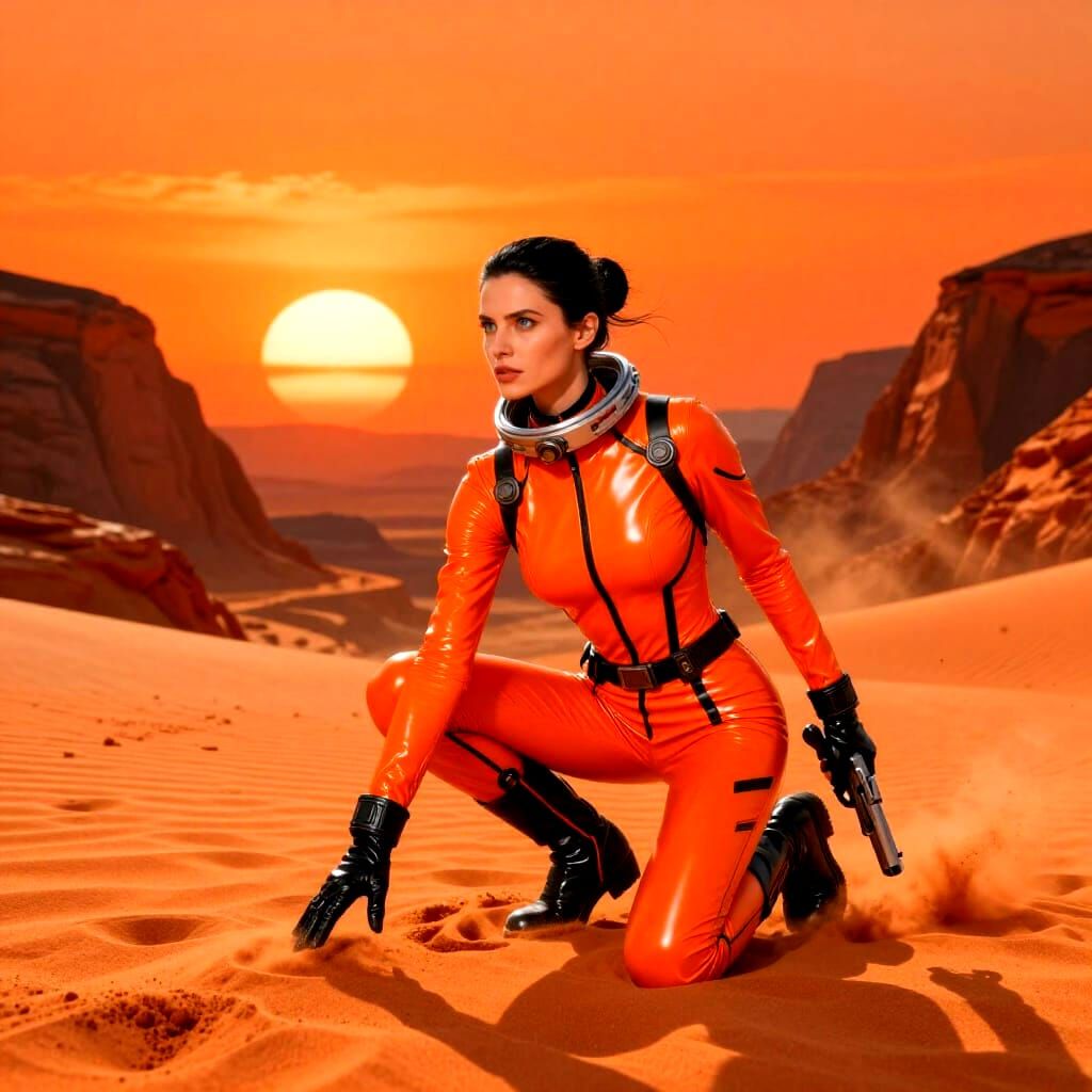 Sci-Fi Woman in Orange Latex Spacesuit on Alien Planet