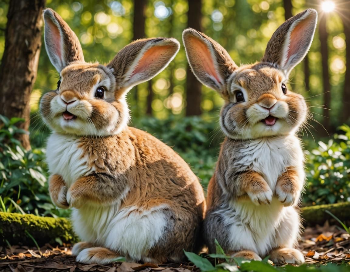 Two Smiling Bunnies in Forest: Wildlife Photography