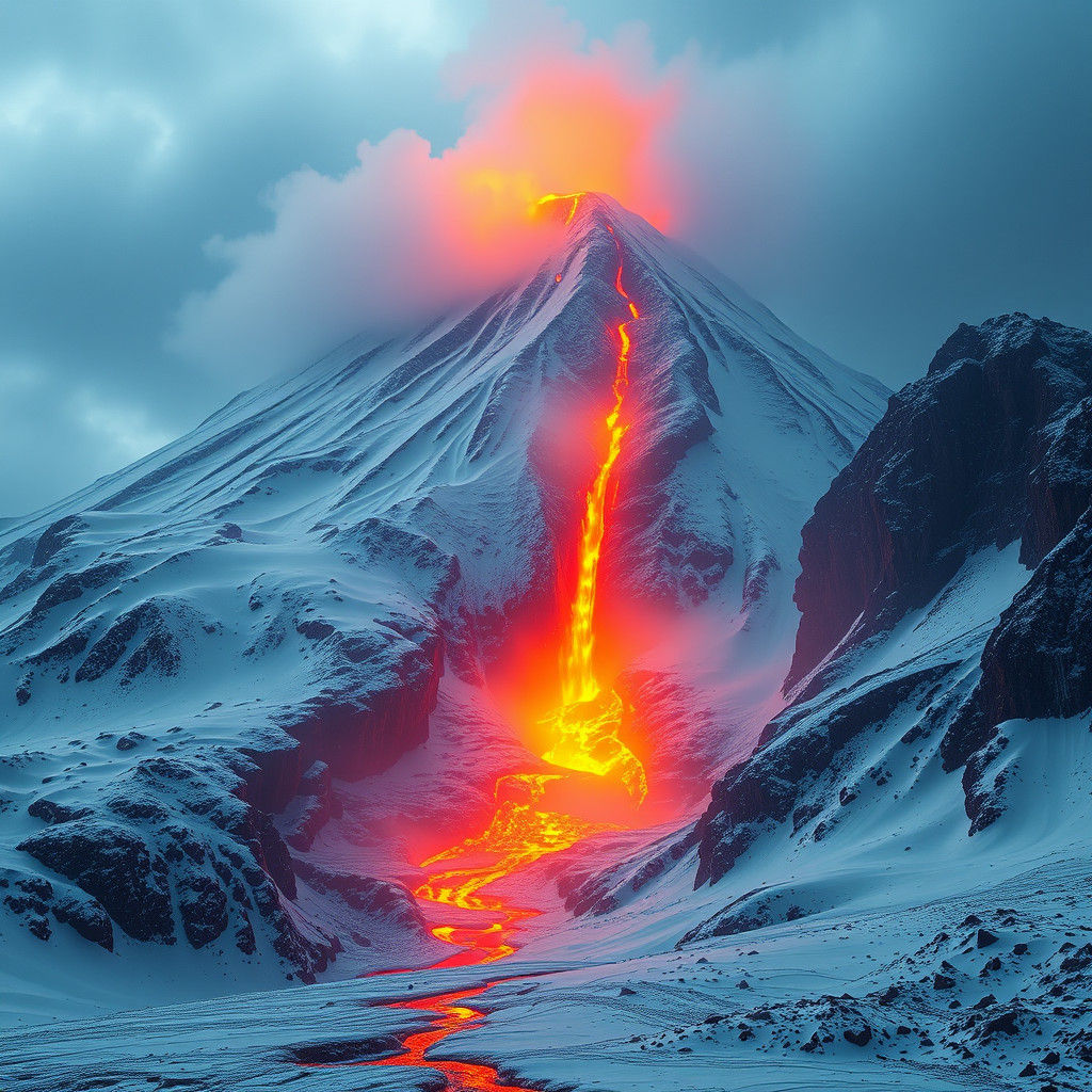 Lava Waterfall Erupts from Snow Volcano: Fantasy Art