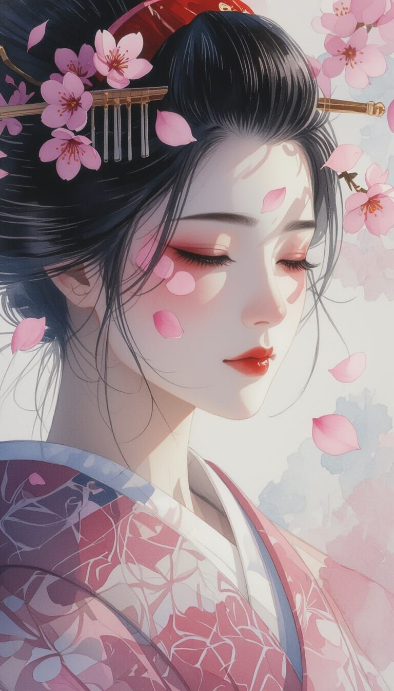 Wistful Geisha with Cherry Blossoms in Watercolor