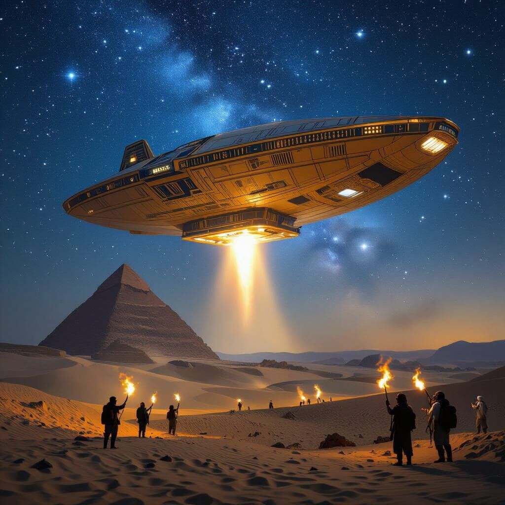 Ancient Spaceship Rises in Giza Under Starry Sky