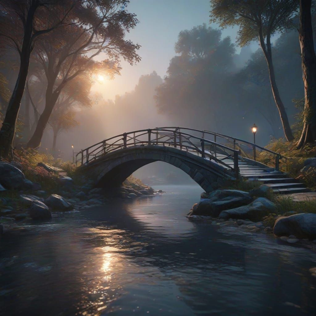 Quaint Bridge in Misty Fog with Starlight