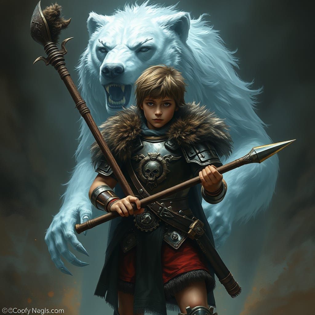 Boy Legionnaire with Spectral Bear, Hyper-Realistic Dark Fan...