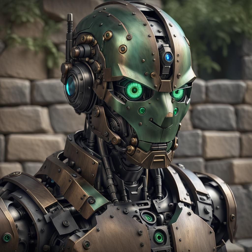 Steampunk Robot Soldier with Glowing Green Eyes