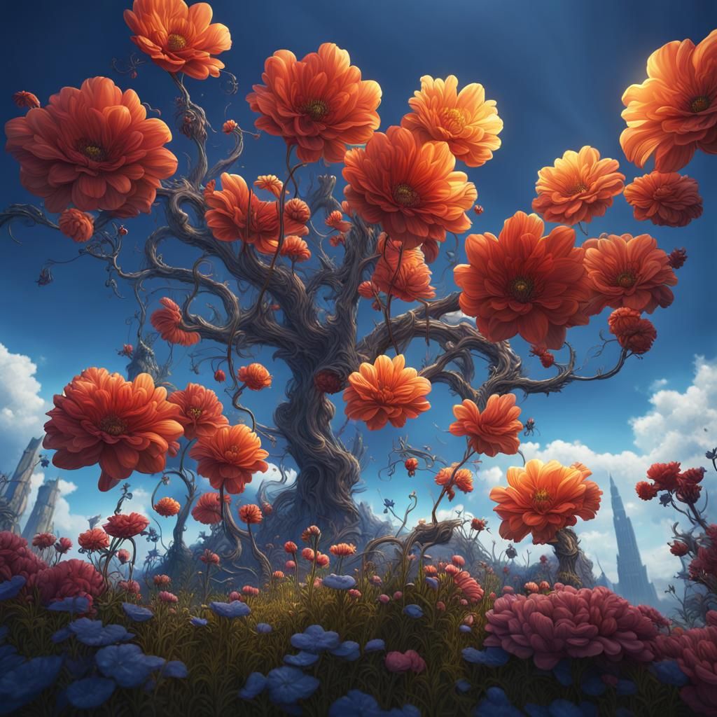 Luminous Flowers Against Azure Sky: Detailed Matte Painting