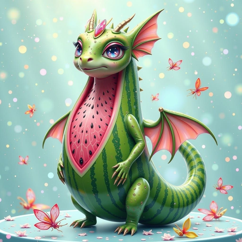 Whimsical Watermelon Dragon with Iridescent Scales