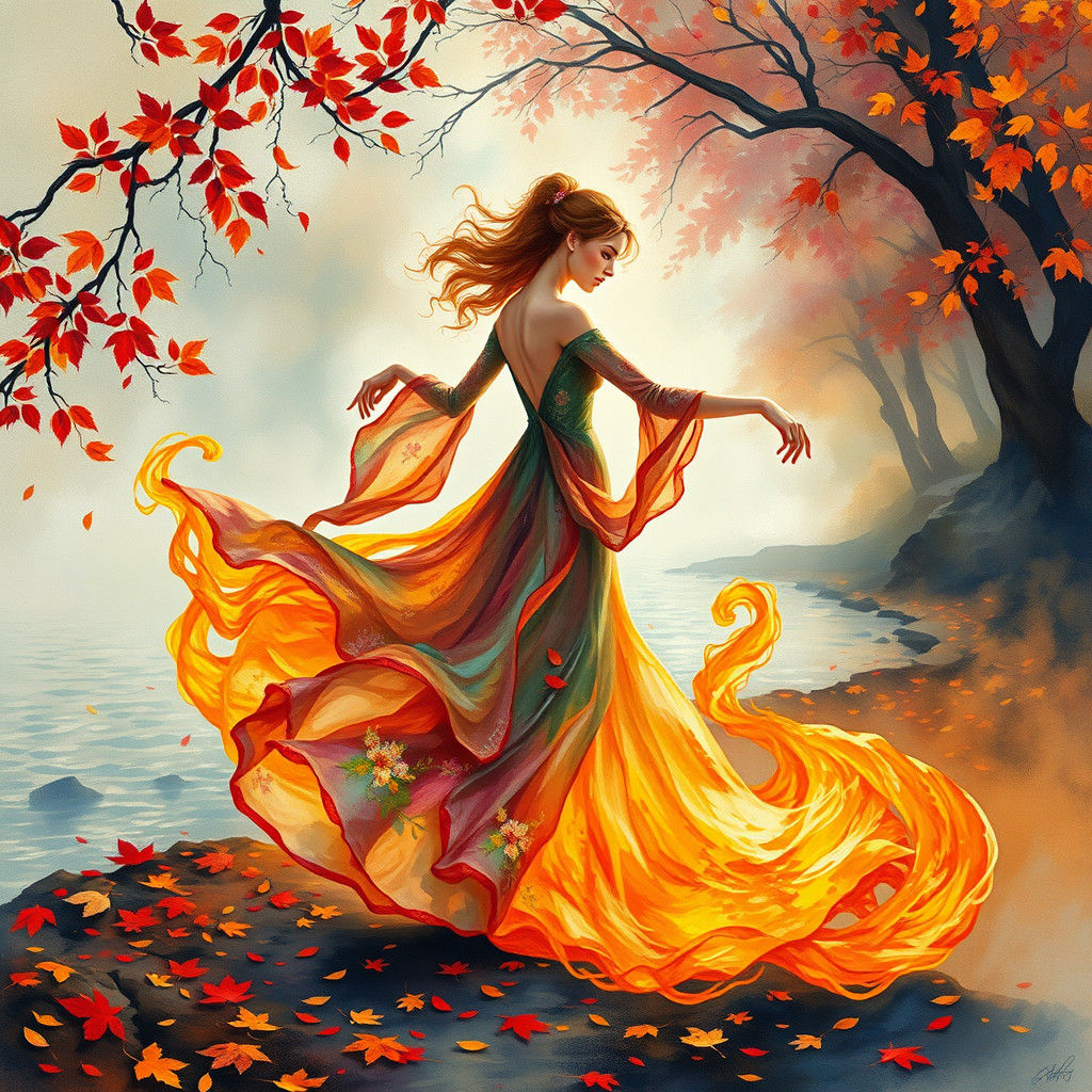 Woman Dancing in Flames: Art Nouveau Watercolour