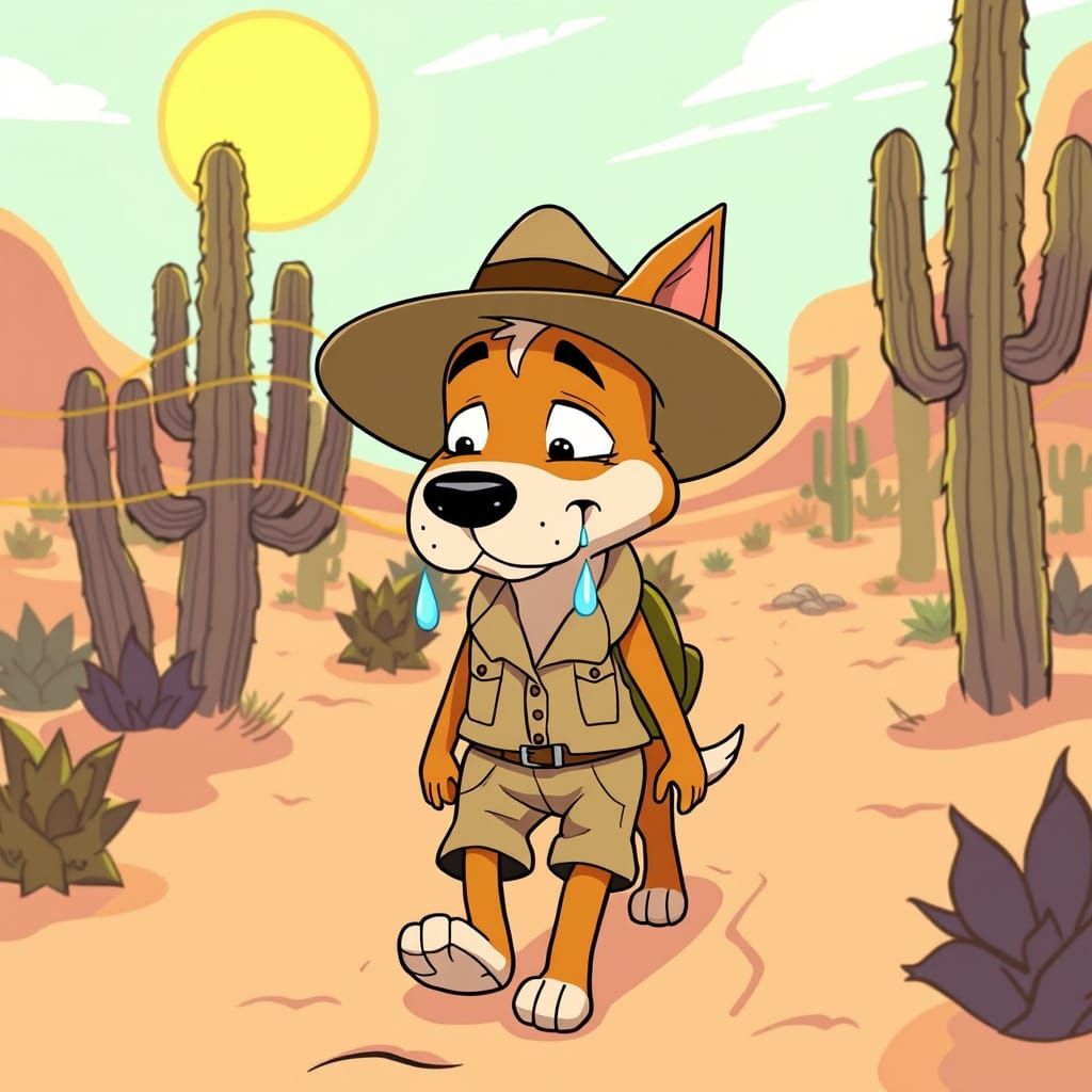 Cartoon Dog's Desert Trek in Animated Style