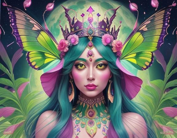 Moon Goddess with Moth Wings in Candy Art