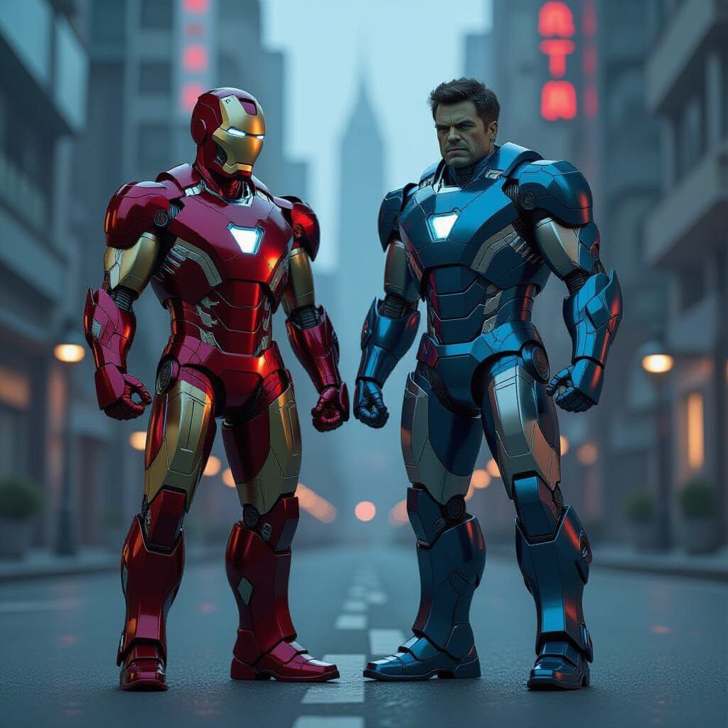 Iron Man and Hulkbuster in Futuristic Cityscape