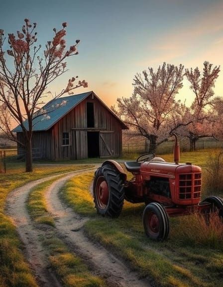 Crimson Tractor on Farmstead in Impressionist Style