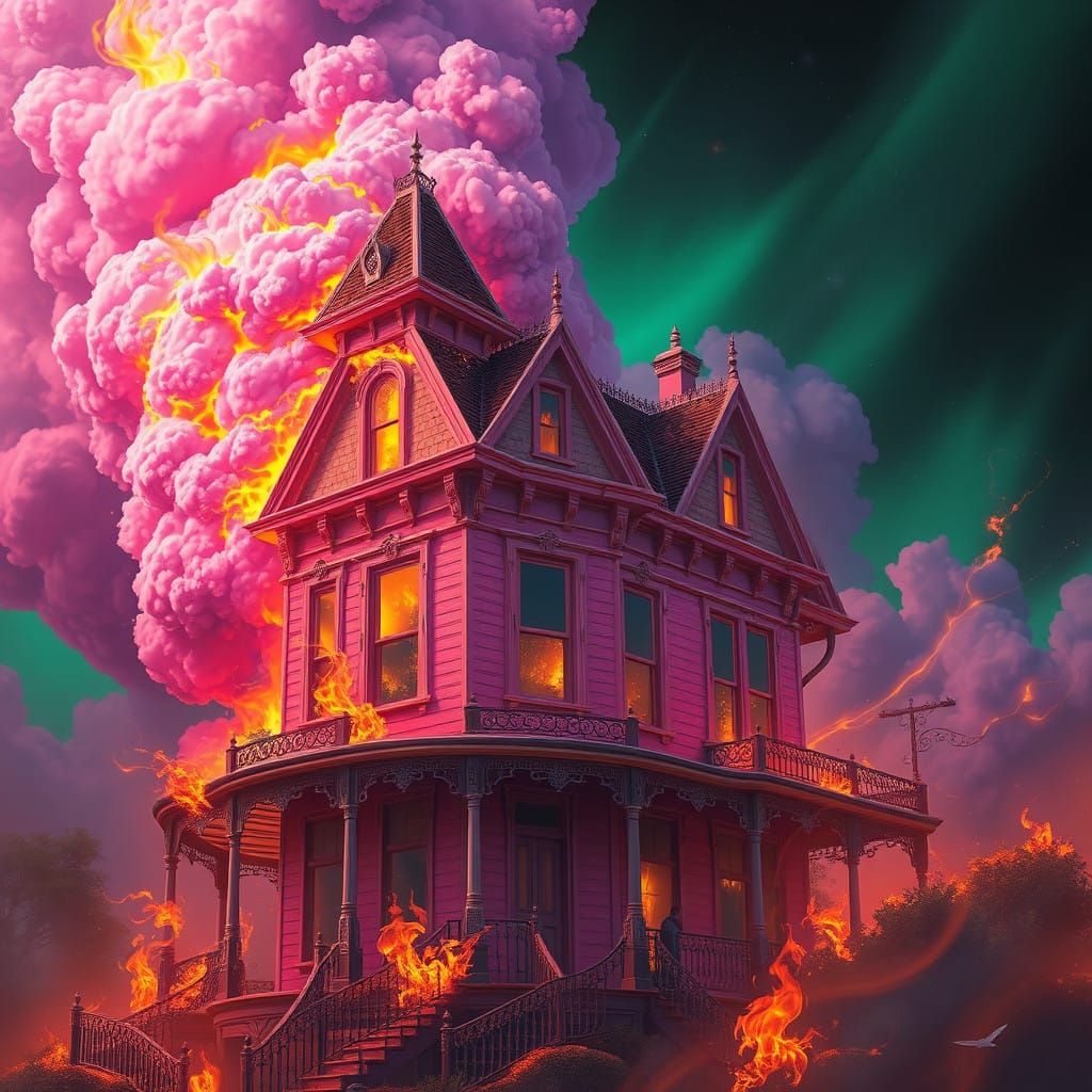 Vibrant Pink Victorian House in Flames, Fantastical World