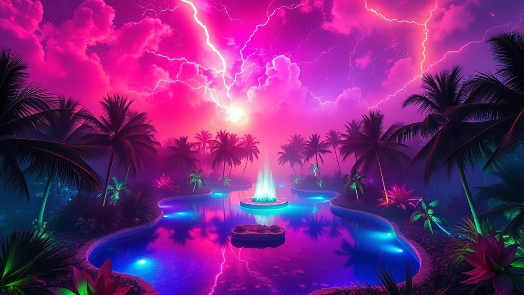 Neon Mystical Island Oasis in Alcohol Ink Style