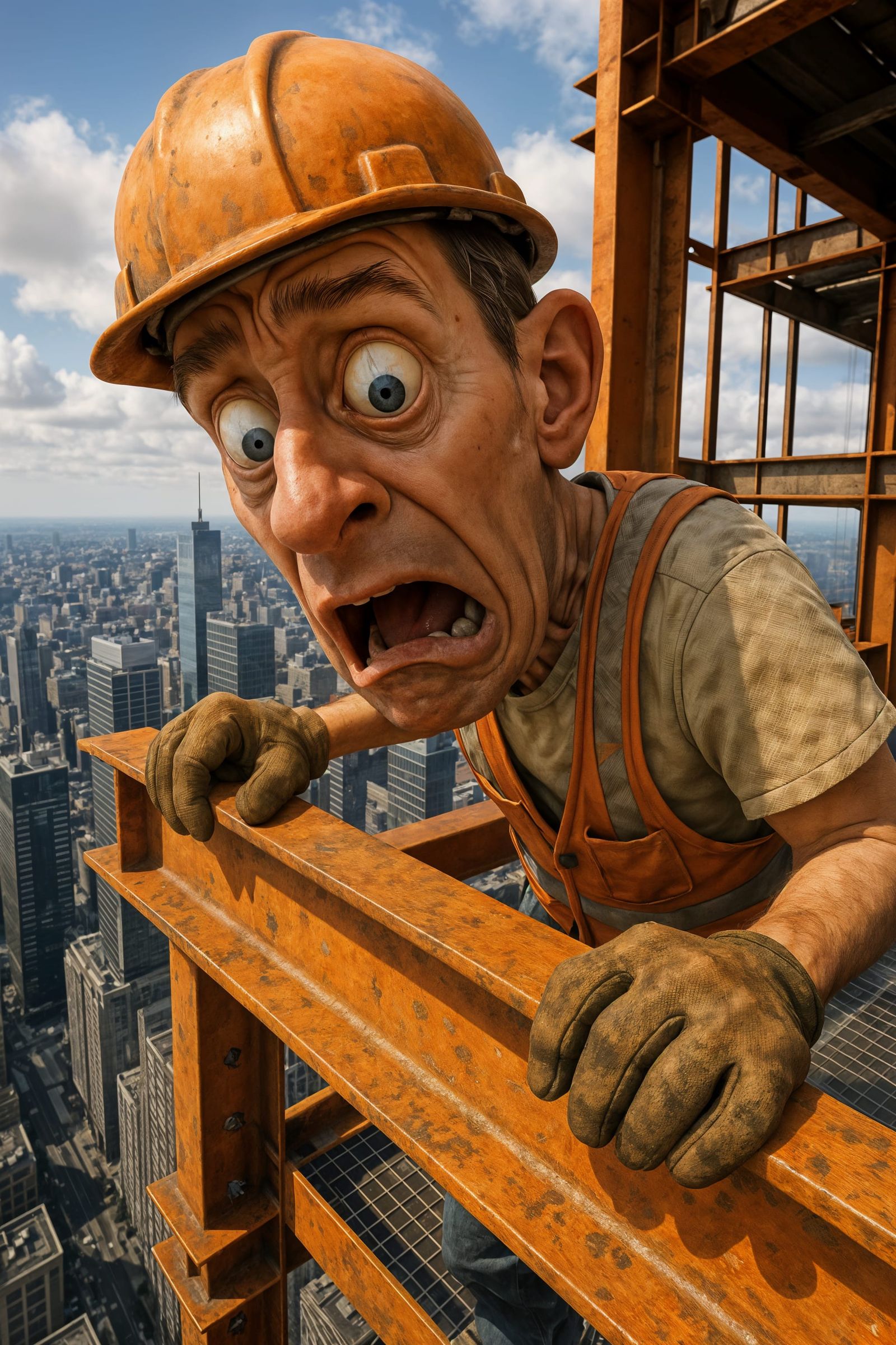Panicked Construction Worker on Skyscraper Caricature