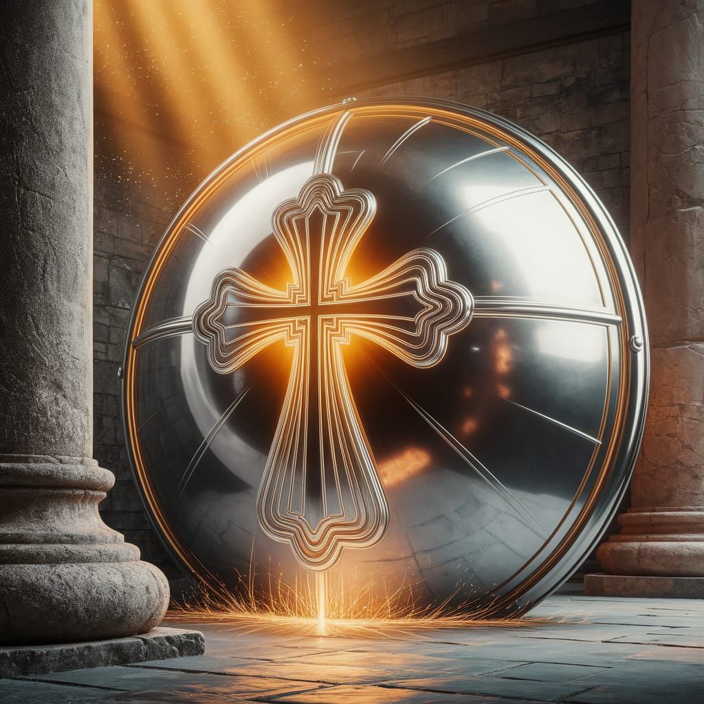 Luminous Silver Shield with Cross in Ancient Chamber