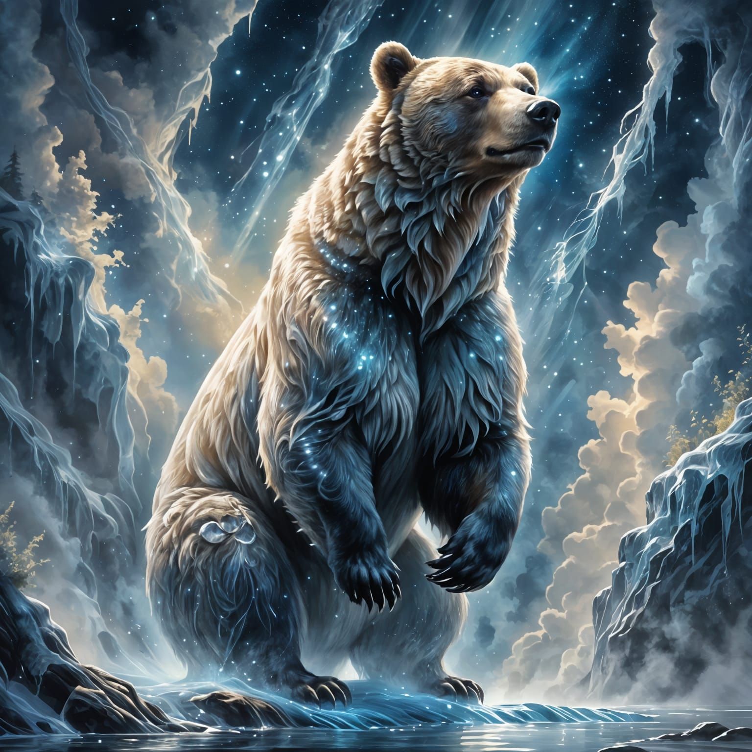 Luminous Bear with Magical Fur in Starry Night