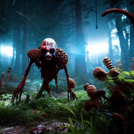 Fungal Zombie Horror in 3D Game Cinematic Style